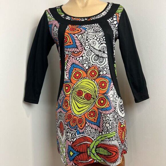 Oze Women’s Medium Psychedelic Bohemian Art to Wear Mini 3/4 Sleeve Dress Black - Picture 3 of 14